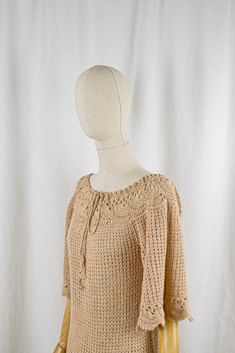 MACAROON - 1970s Vintage Crochet  Cotton Dress - Size S/M