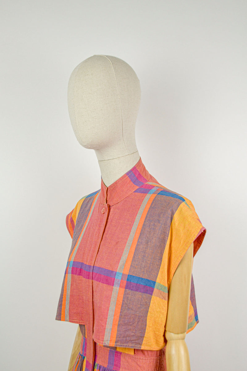 JOYFUL MADRAS - 1980s Vintage Rene Derhy Madras Cotton Dress - Size M