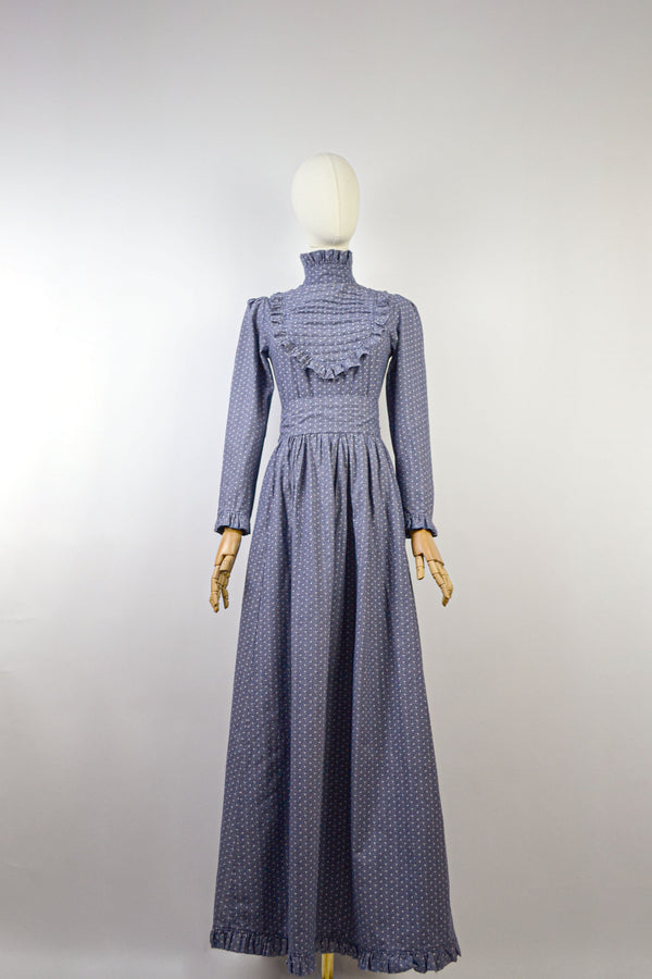 MAIA - 1970s Vintage Laura Ashley Ditsy Flower Navy Print Prairie Dress  Size XS/S