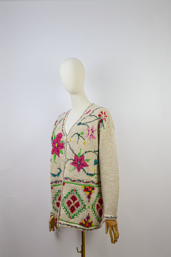 MAPLE BLOOM - 1990s Vintage Wool Vibrant Cardigan - Size M/L