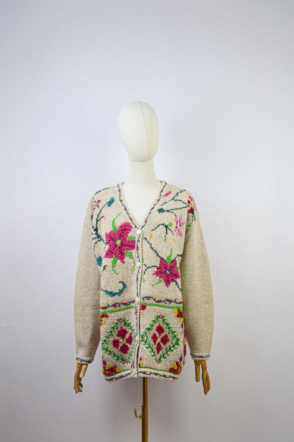 MAPLE BLOOM - 1990s Vintage Wool Vibrant Cardigan - Size M/L