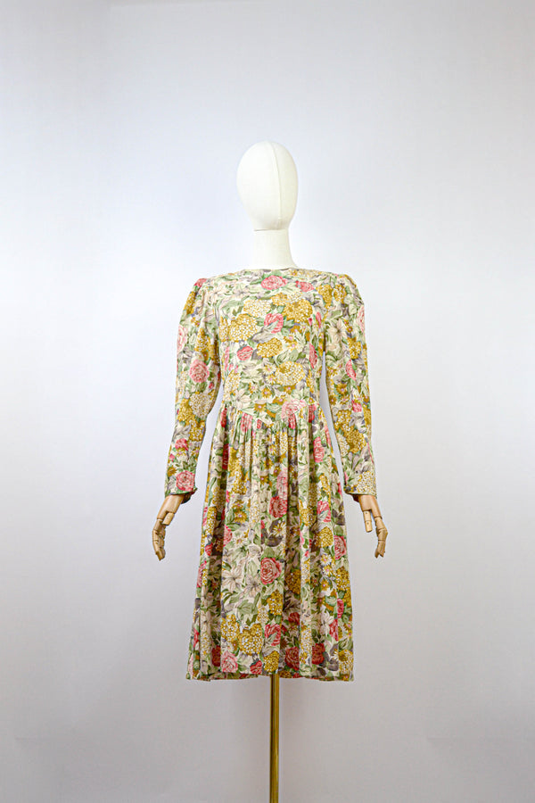 MAPLE - 1980s Vintage Autumn Floral Cotton Dress - Size M