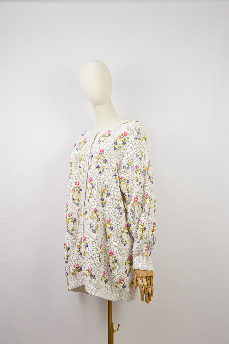 SWEET PEAS FARANDOLE - 1990s Vintage floral Embroiedered Cardigan - Size M/L