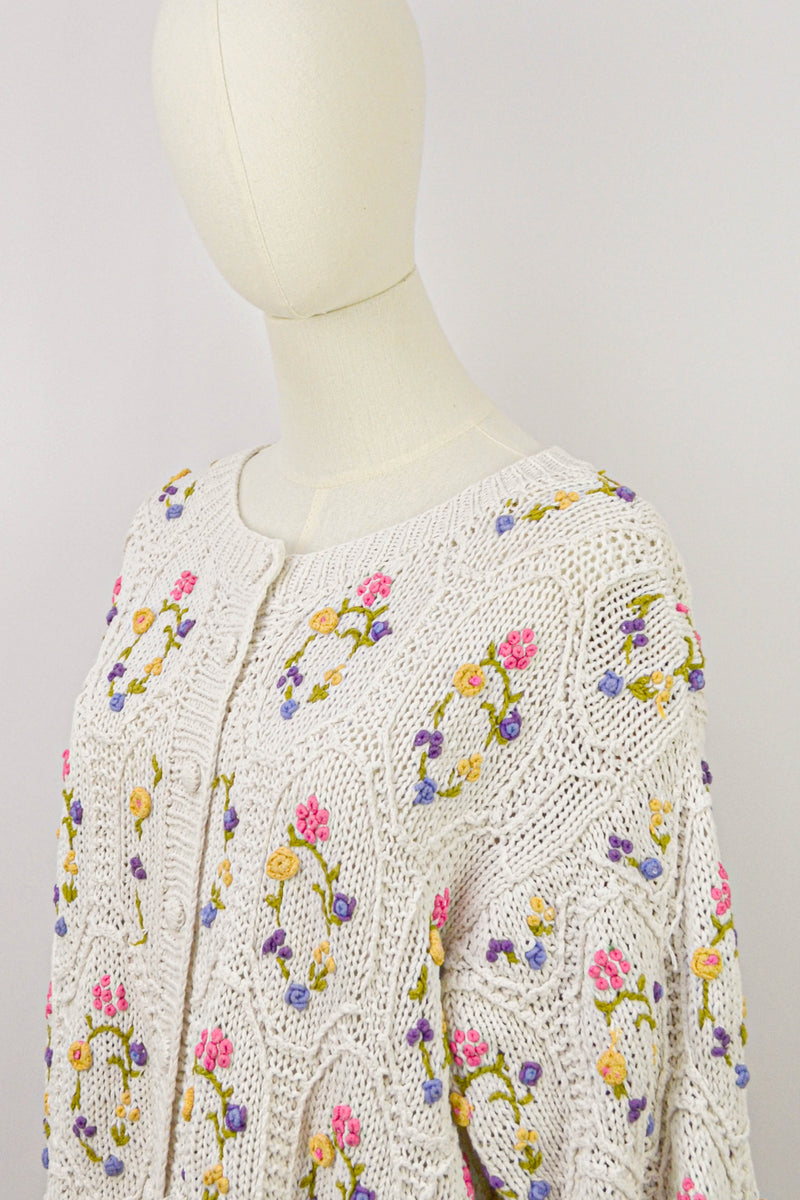 SWEET PEAS FARANDOLE - 1990s Vintage floral Embroiedered Cardigan - Size M/L