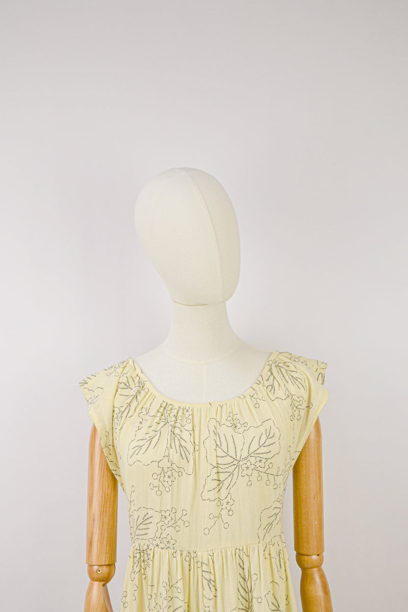 MILLET - 1970s Vintage Cacharel Cream and Black Floral Dress - Size S/M