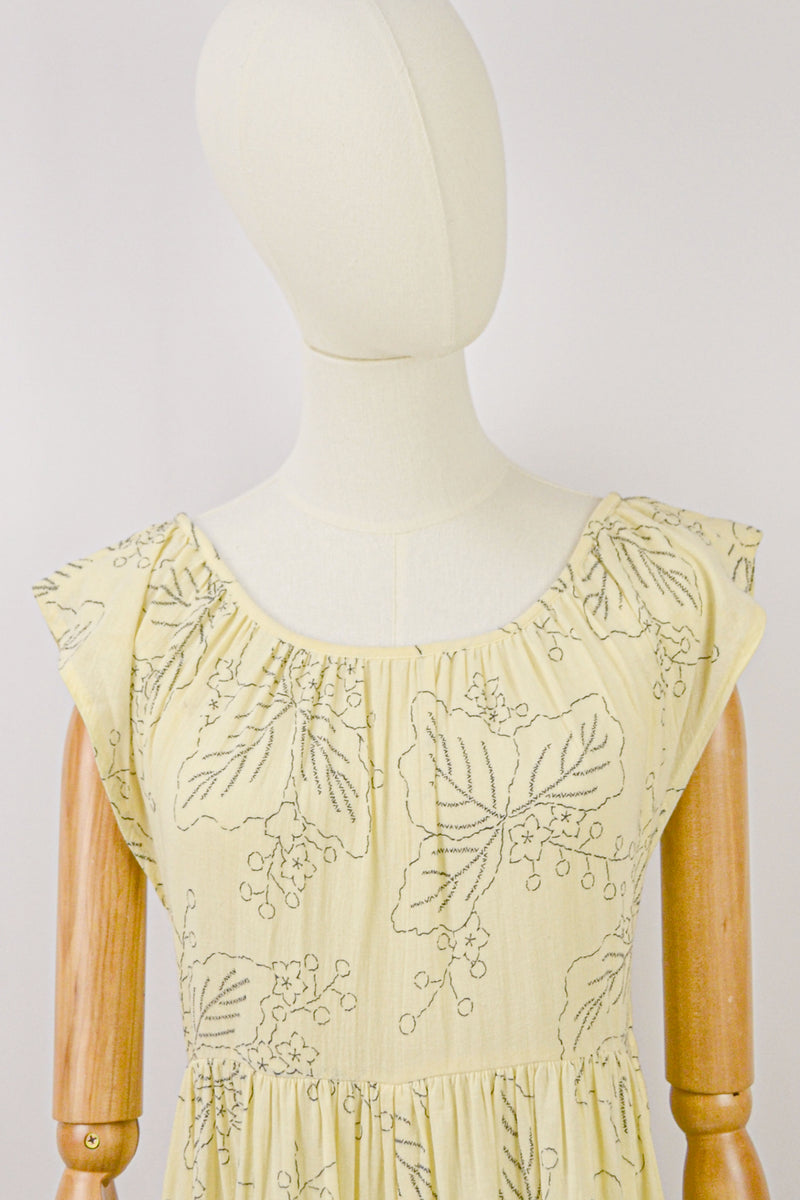 MILLET - 1970s Vintage Cacharel Cream and Black Floral Dress - Size S/M