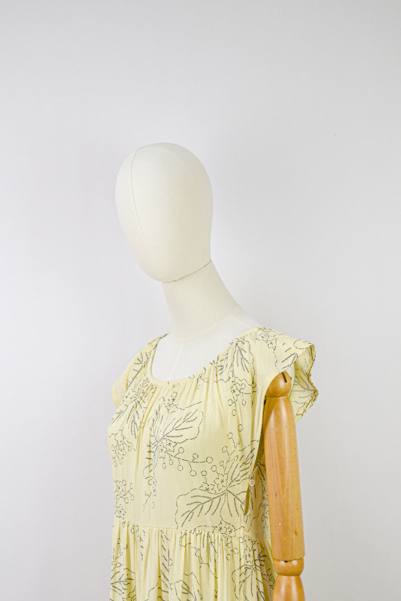 MILLET - 1970s Vintage Cacharel Cream and Black Floral Dress - Size S/M