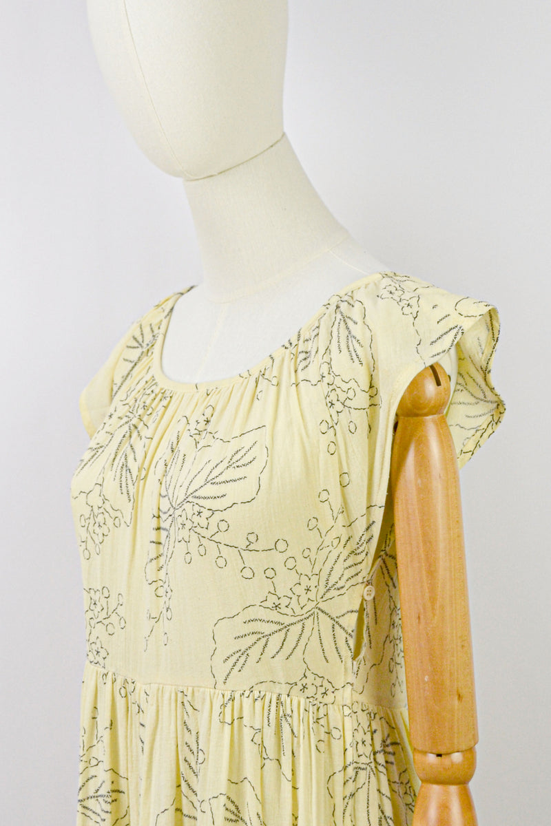 MILLET - 1970s Vintage Cacharel Cream and Black Floral Dress - Size S/M