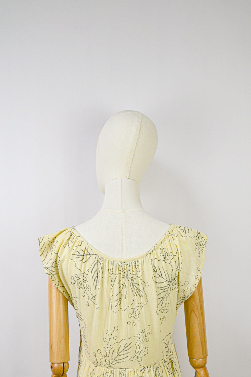 MILLET - 1970s Vintage Cacharel Cream and Black Floral Dress - Size S/M