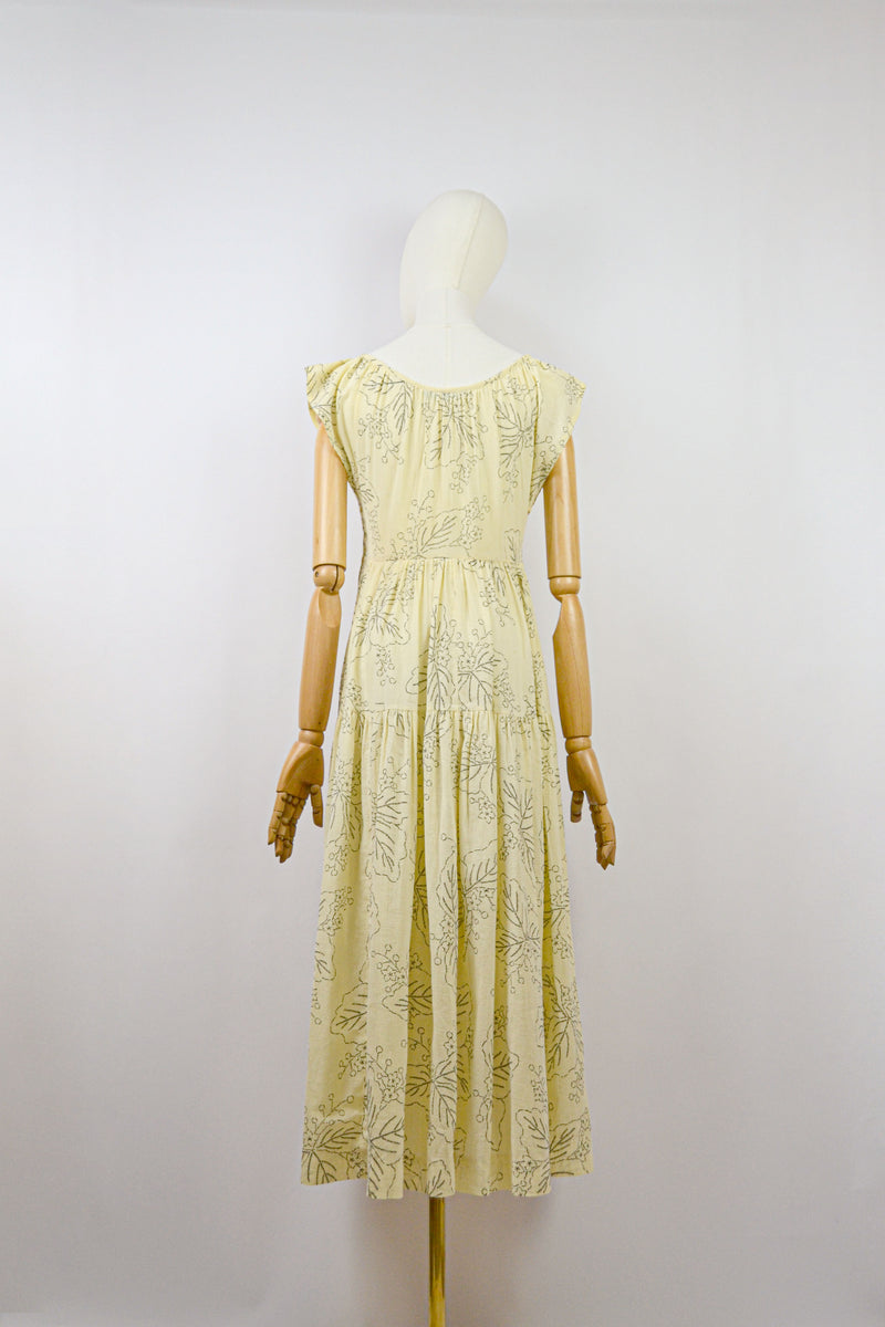 MILLET - 1970s Vintage Cacharel Cream and Black Floral Dress - Size S/M