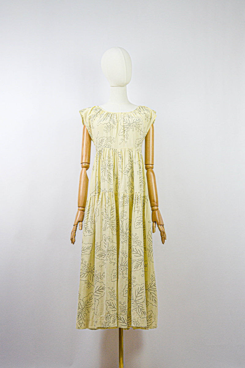 MILLET - 1970s Vintage Cacharel Cream and Black Floral Dress - Size S/M