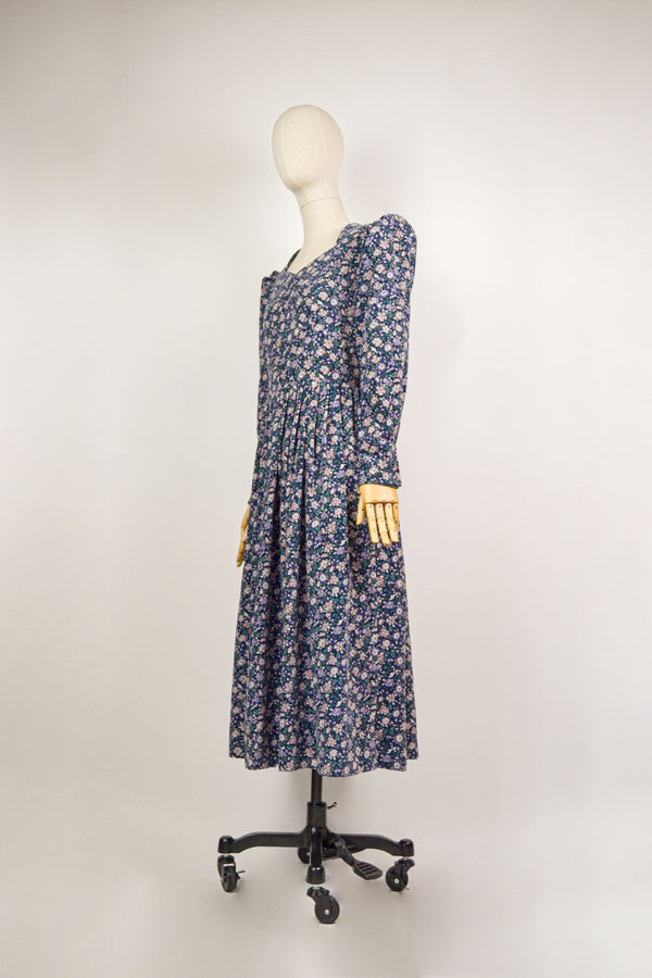 MIRAGE  - 1980s Vintage Laura Ashley Corduroy Cottagecore Navy Prairie Dress - S/M