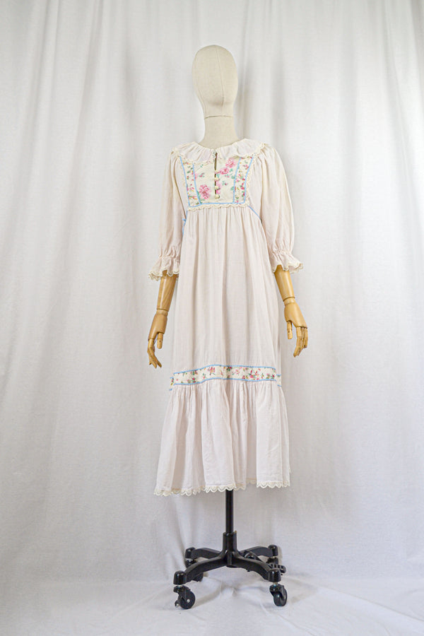 MISTY ROSE - 1970s Vintage Act I  Crinkled Cotton Prairie Dress - Size S