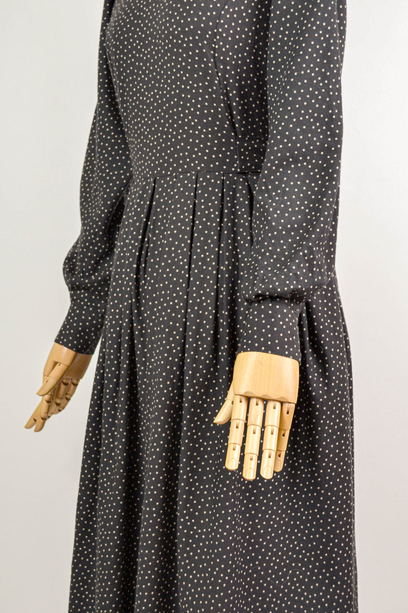 MOONLIT - 1980s Vintage Laura Ashley Black and Ivory Polka Dot Dress  - Size M