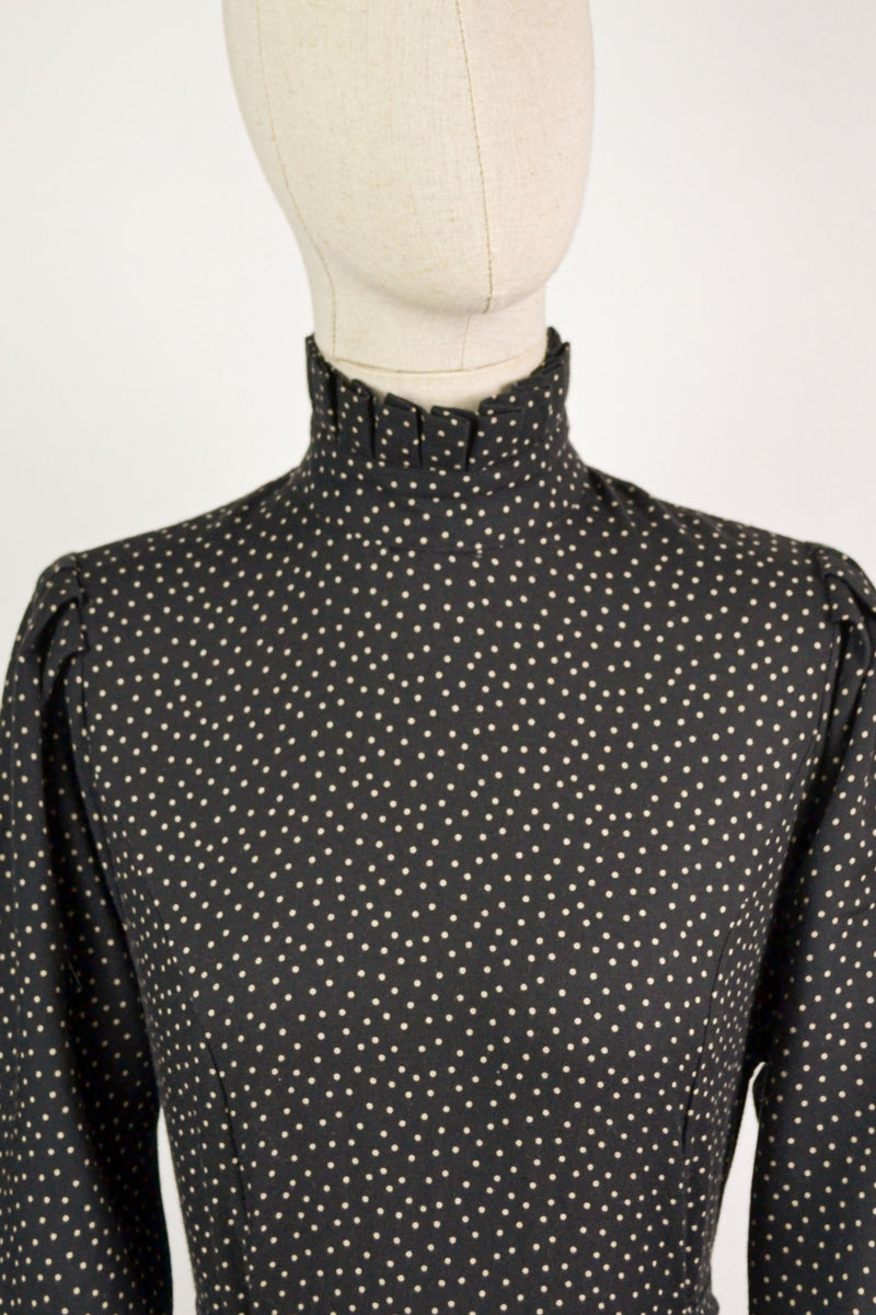MOONLIT - 1980s Vintage Laura Ashley Black and Ivory Polka Dot Dress  - Size M