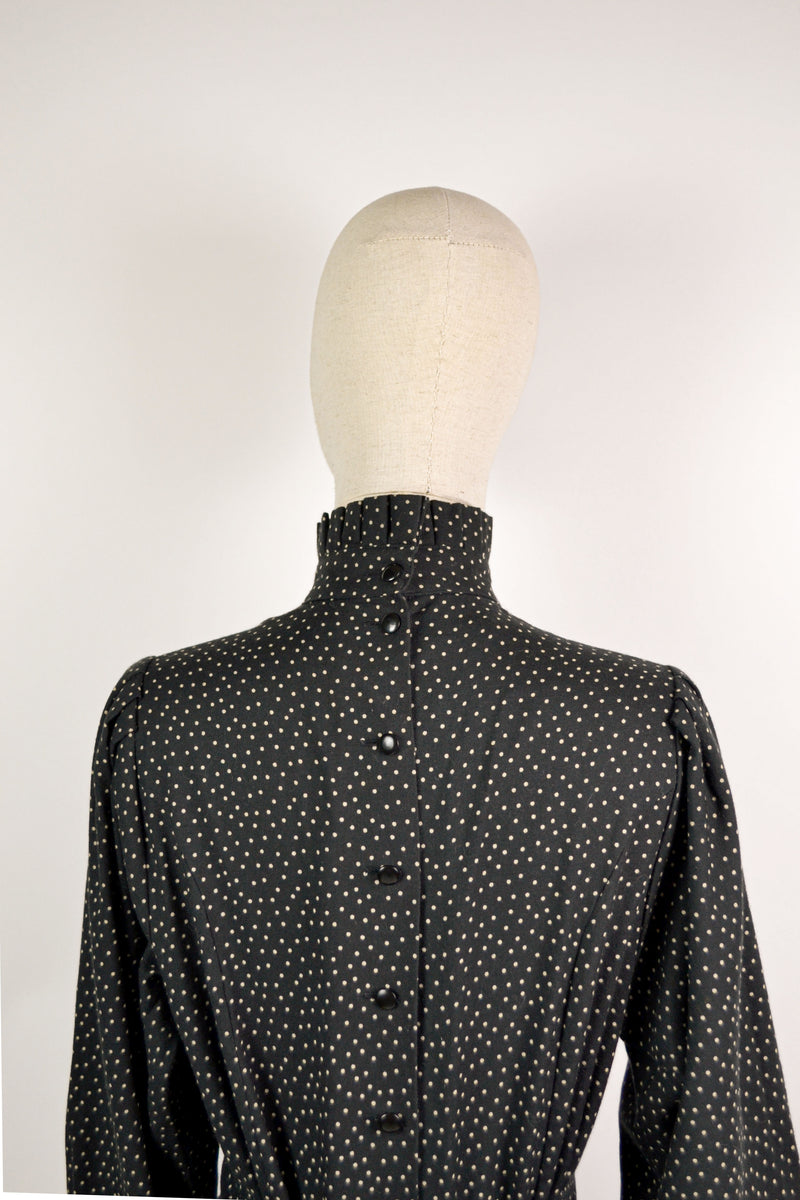 MOONLIT - 1980s Vintage Laura Ashley Black and Ivory Polka Dot Dress  - Size M