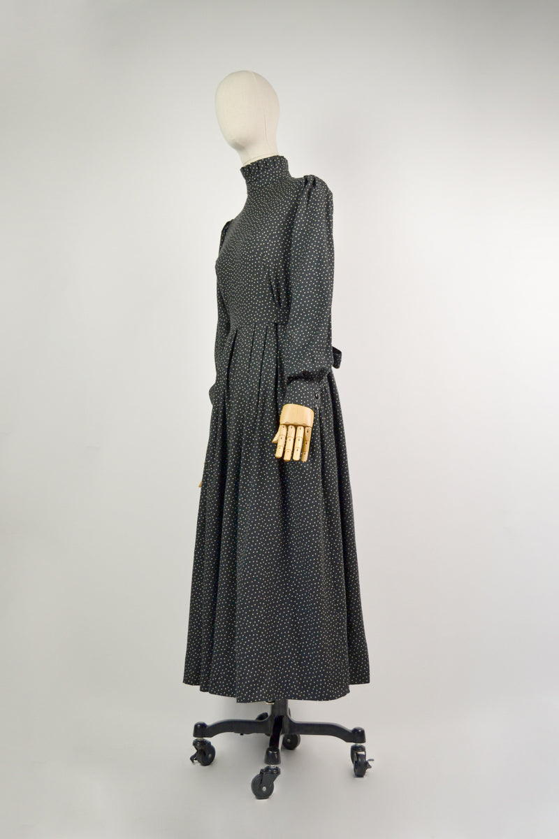 MOONLIT - 1980s Vintage Laura Ashley Black and Ivory Polka Dot Dress  - Size M
