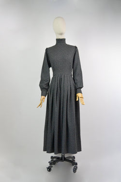 MOONLIT - 1980s Vintage Laura Ashley Black and Ivory Polka Dot Dress  - Size M