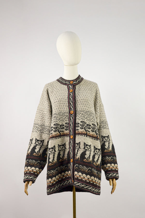 MYSTIC - 1980s Vintage Cat Jacquard Cardigan - Size M/L