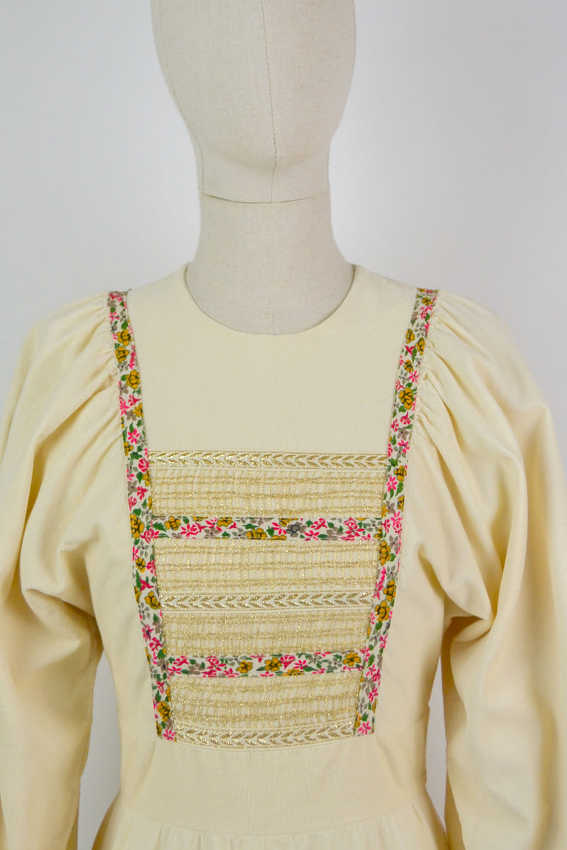 NEBULA - 1970s Vintage Lucie Linden Cream Corduroy Dress - Size S