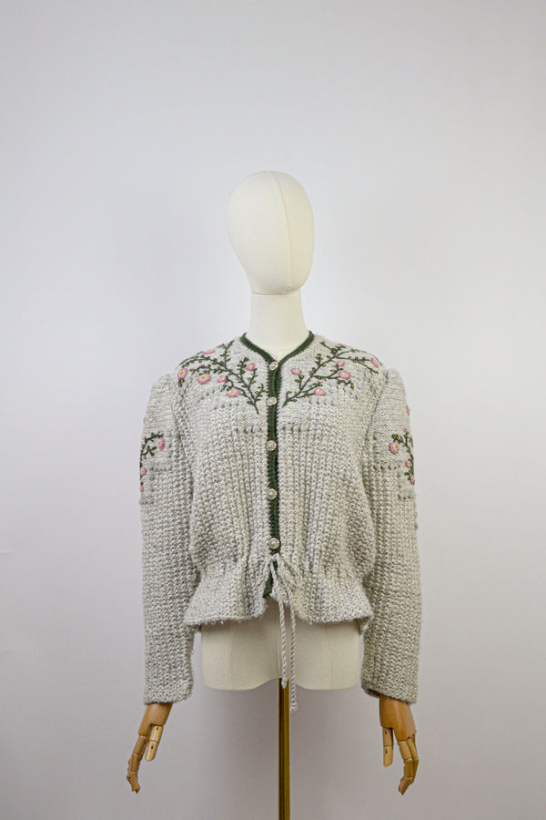PEARL - 1980s Vintage Pearl Grey Embroidered Austrian Cardigan - Size M-L