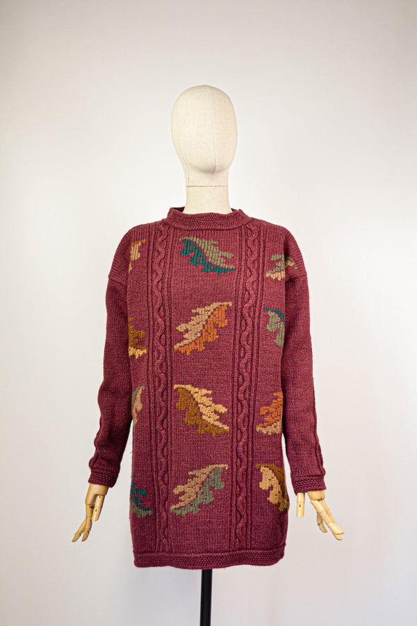 OAK LEAVES -  1990s Vintage Oak Autumn Leaves Eddie Bauer Wool Jumper - Size M/L