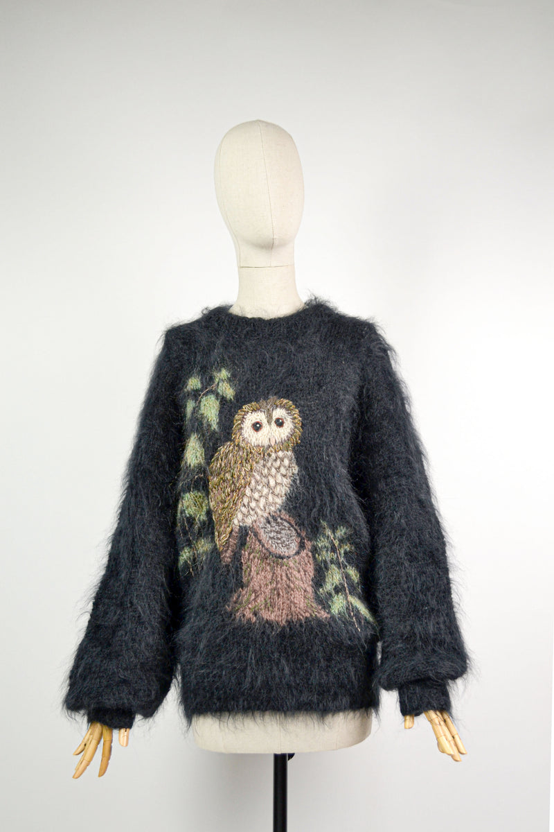 OWL SNUG - 1980s Vintage Brigid Foley Embroidered Black Owl Mohair Jumper - Free size