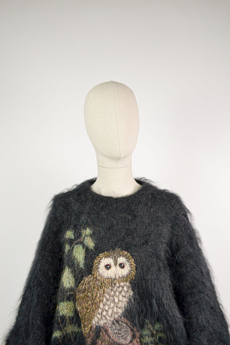 OWL SNUG - 1980s Vintage Brigid Foley Embroidered Black Owl Mohair Jumper - Free size