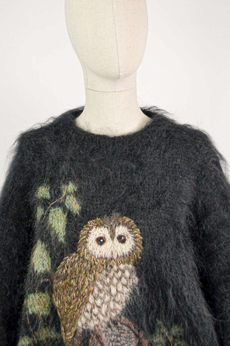 OWL SNUG - 1980s Vintage Brigid Foley Embroidered Black Owl Mohair Jumper - Free size