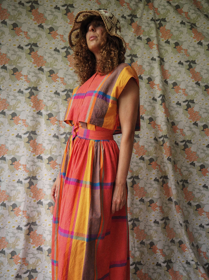 JOYFUL MADRAS - 1980s Vintage Rene Derhy Madras Cotton Dress - Size M