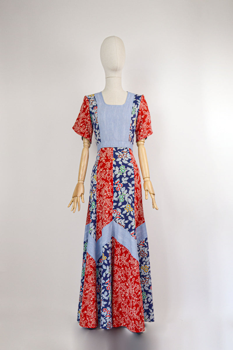 PATCHWORK MELODY - 1970s Floral Patchwork Prairie Dress - Size S/M