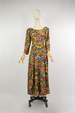 PETALS & STITCH - 1990s Vintage Tapestry Floral Crossed Stitch Dress - Size S