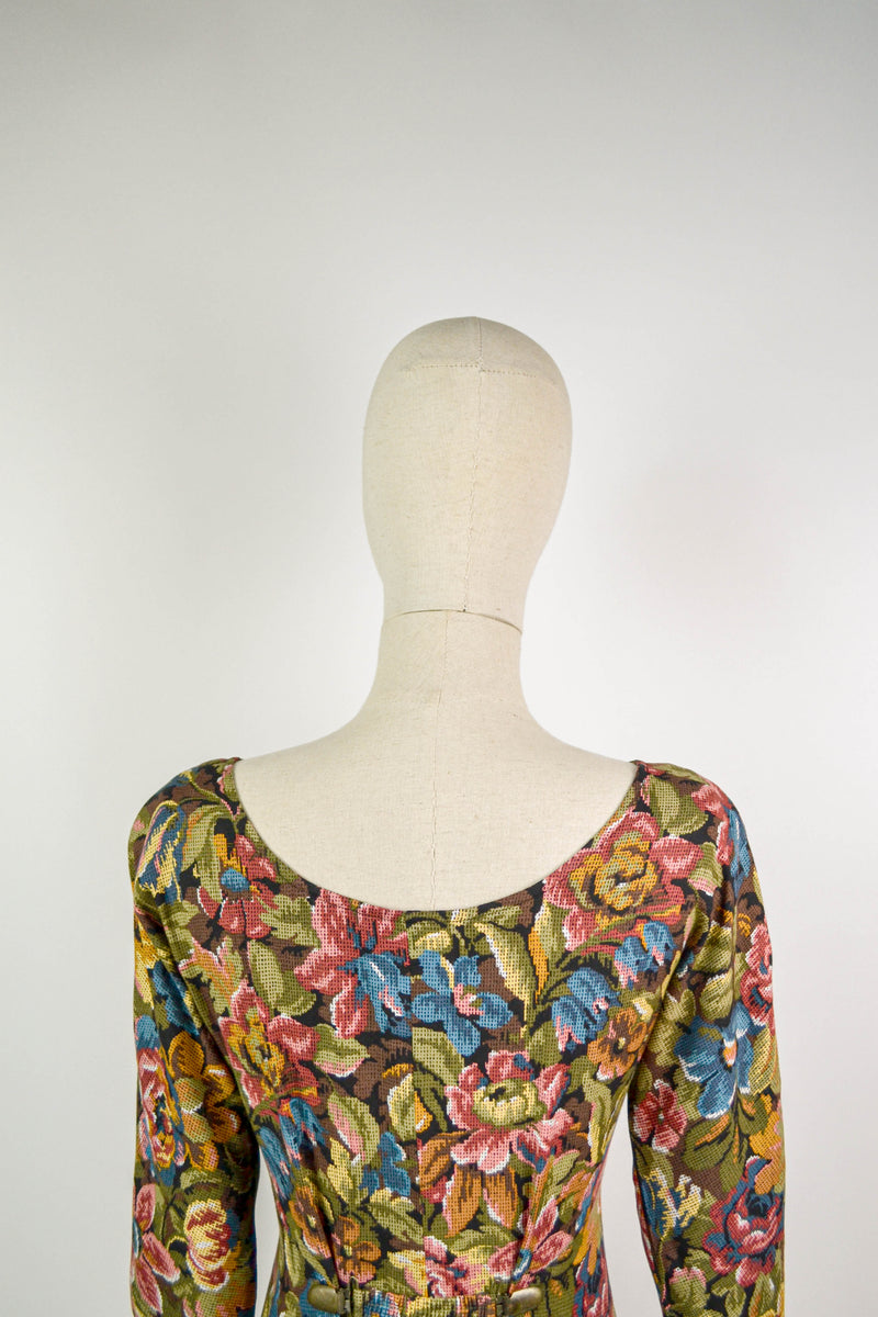 PETALS & STITCH - 1990s Vintage Tapestry Floral Crossed Stitch Dress - Size S
