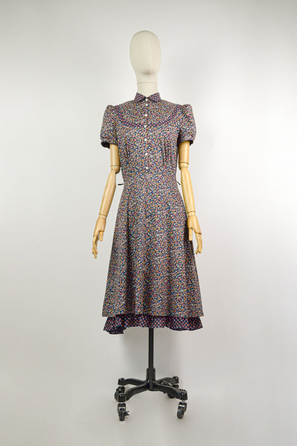 PETITE PROMENADE - 1960s Vintage Navy Patchwork Ditsy Flower Betty Barclay Prairie Dress - Size S