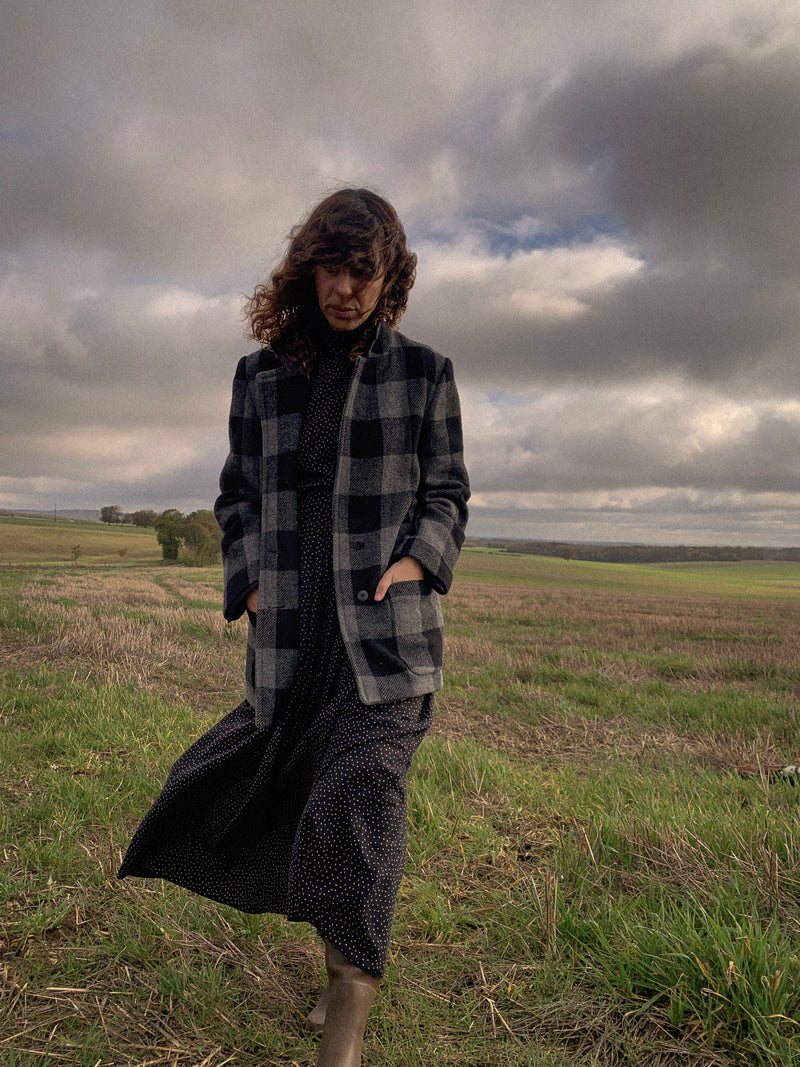 GRAND CARREAUX - 1970s Vintage Cacharel Wool Check Coat - Size S/M