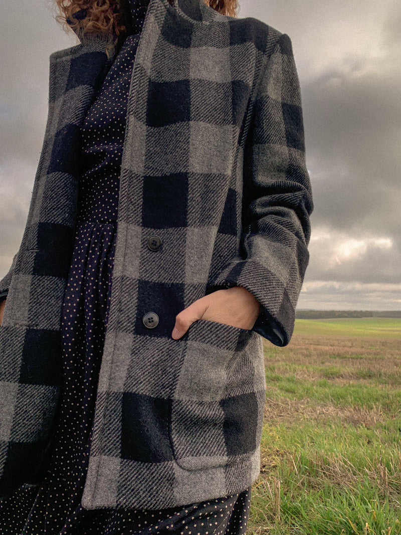 GRAND CARREAUX - 1970s Vintage Cacharel Wool Check Coat - Size S/M