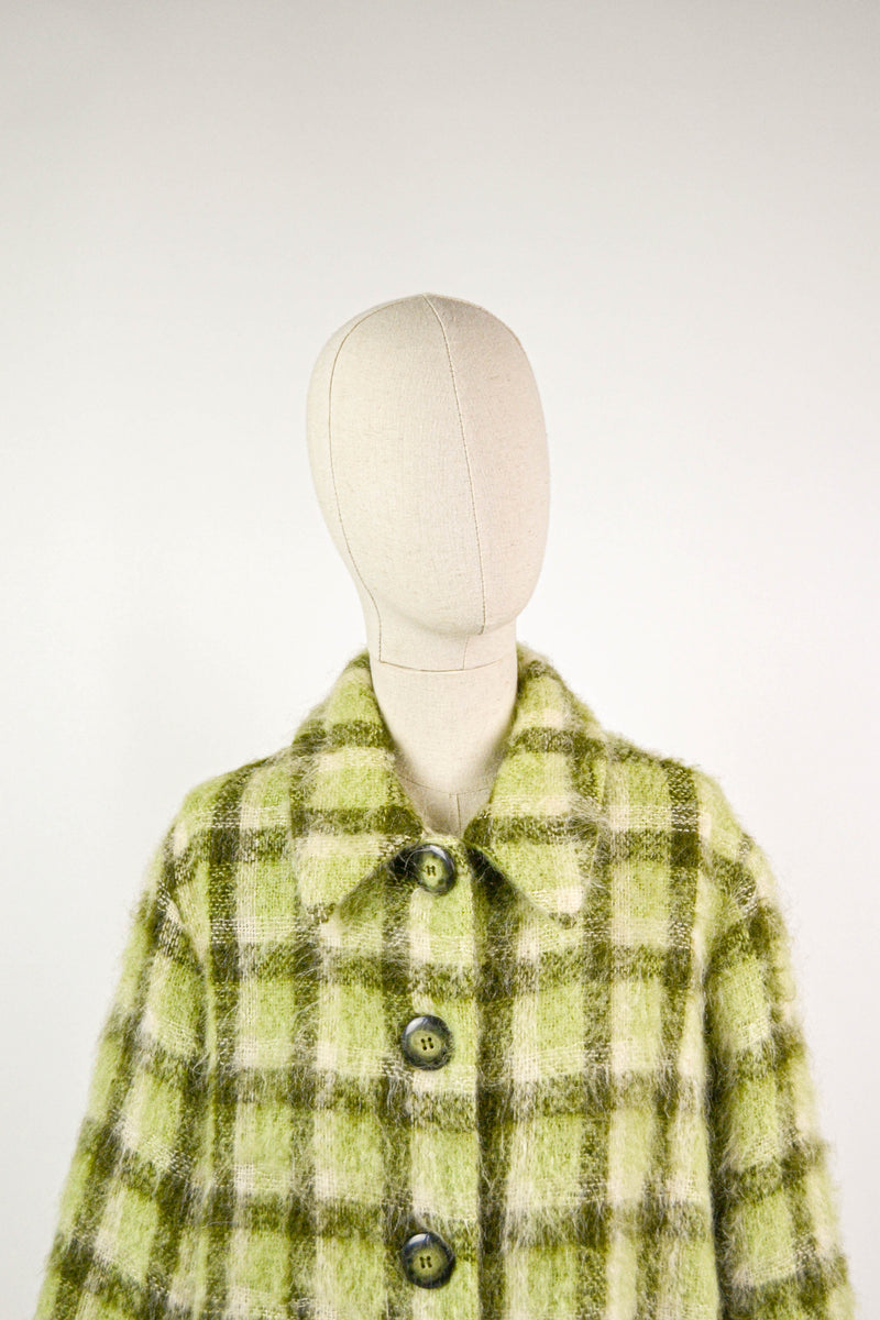 PLAID - 1970s Vintage Cacharel Mohair Check Coat - Size S/M