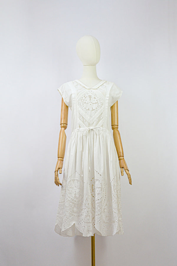 PLUME - 1980s Vintage Rene Derhy Embroidered Cotton Dress - Size S/M