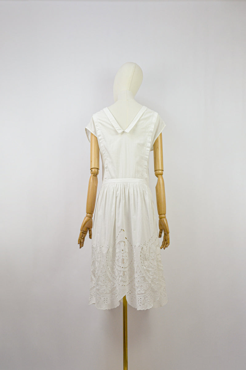 PLUME - 1980s Vintage Rene Derhy Embroidered Cotton Dress - Size S/M