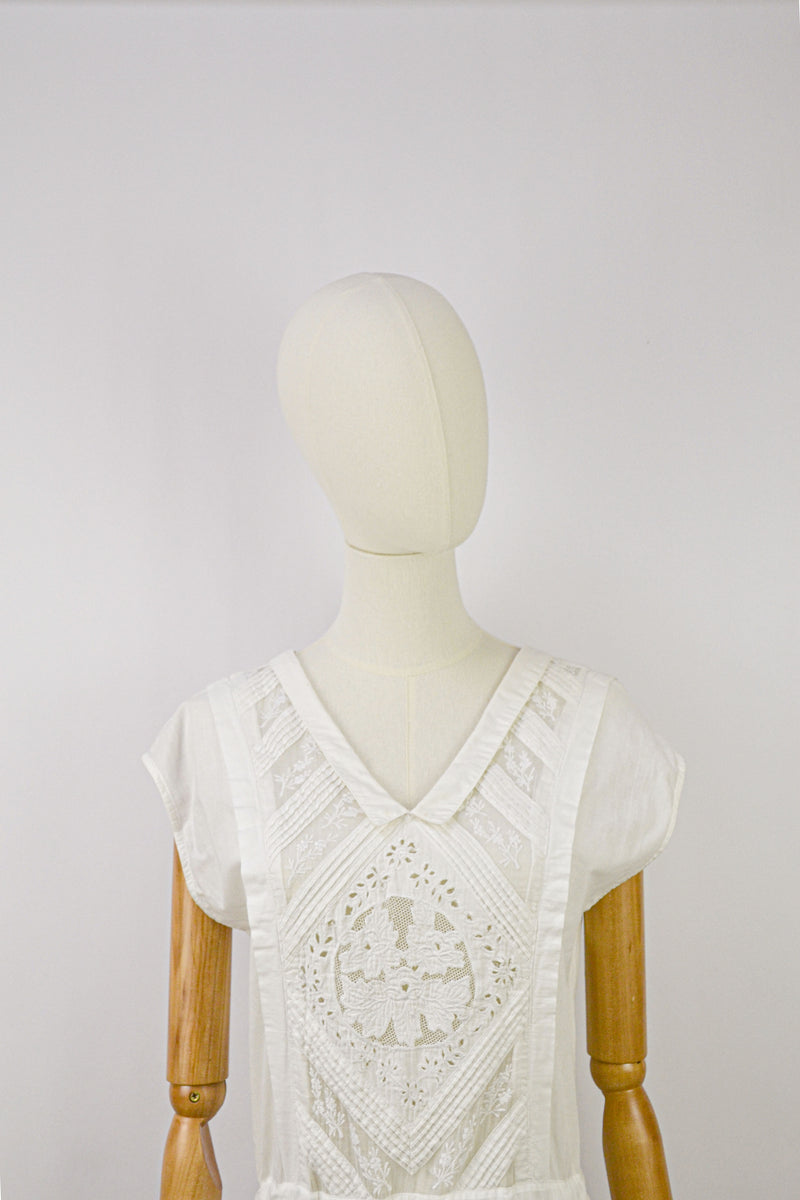 PLUME - 1980s Vintage Rene Derhy Embroidered Cotton Dress - Size S/M