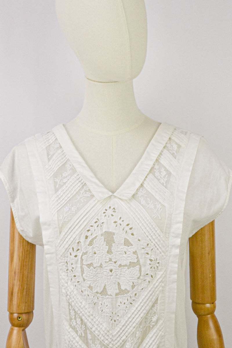 PLUME - 1980s Vintage Rene Derhy Embroidered Cotton Dress - Size S/M