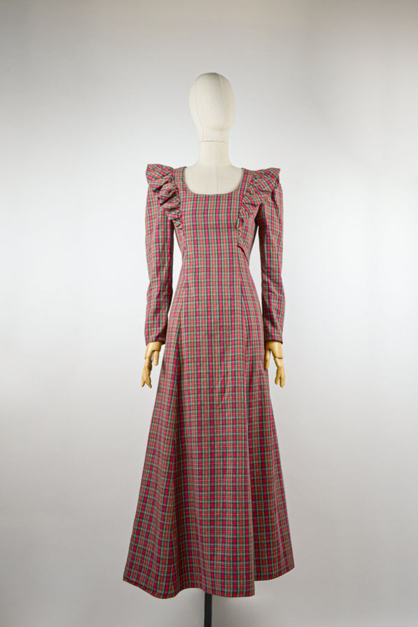 POINSETTIAS - 1970s Vintage Tartan Prairie Dress - Size S