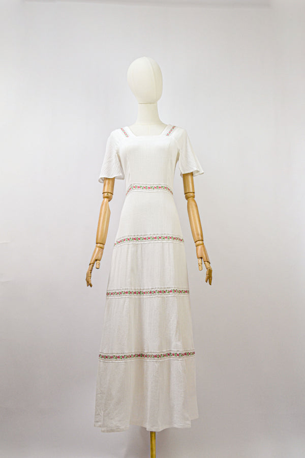 PORCELAIN - 1970s Christine Laure Crinkle Cotton Vintage Dress - Size XS/S
