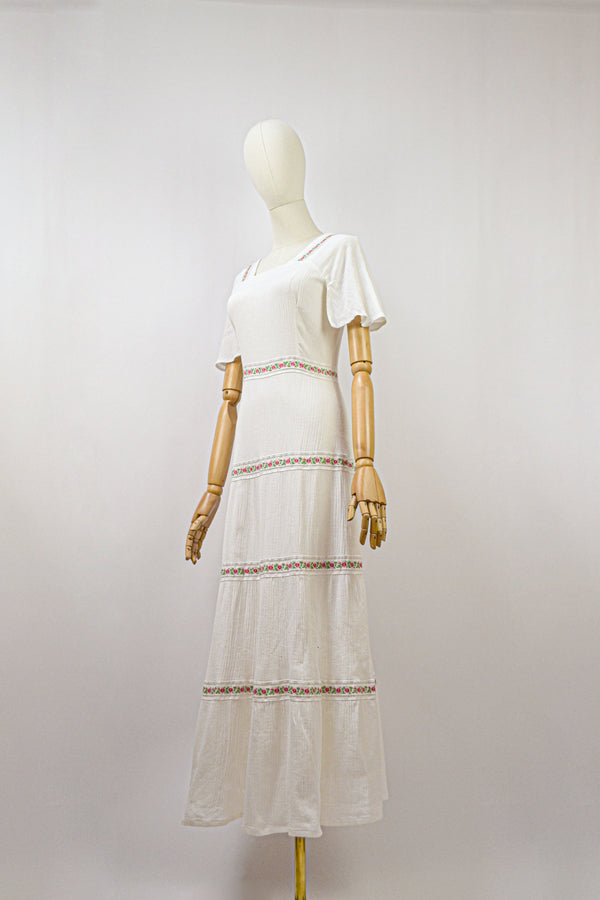 PORCELAIN - 1970s Christine Laure Crinkle Cotton Vintage Dress - Size XS/S