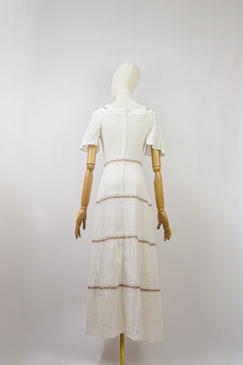 PORCELAIN - 1970s Christine Laure Crinkle Cotton Vintage Dress - Size XS/S