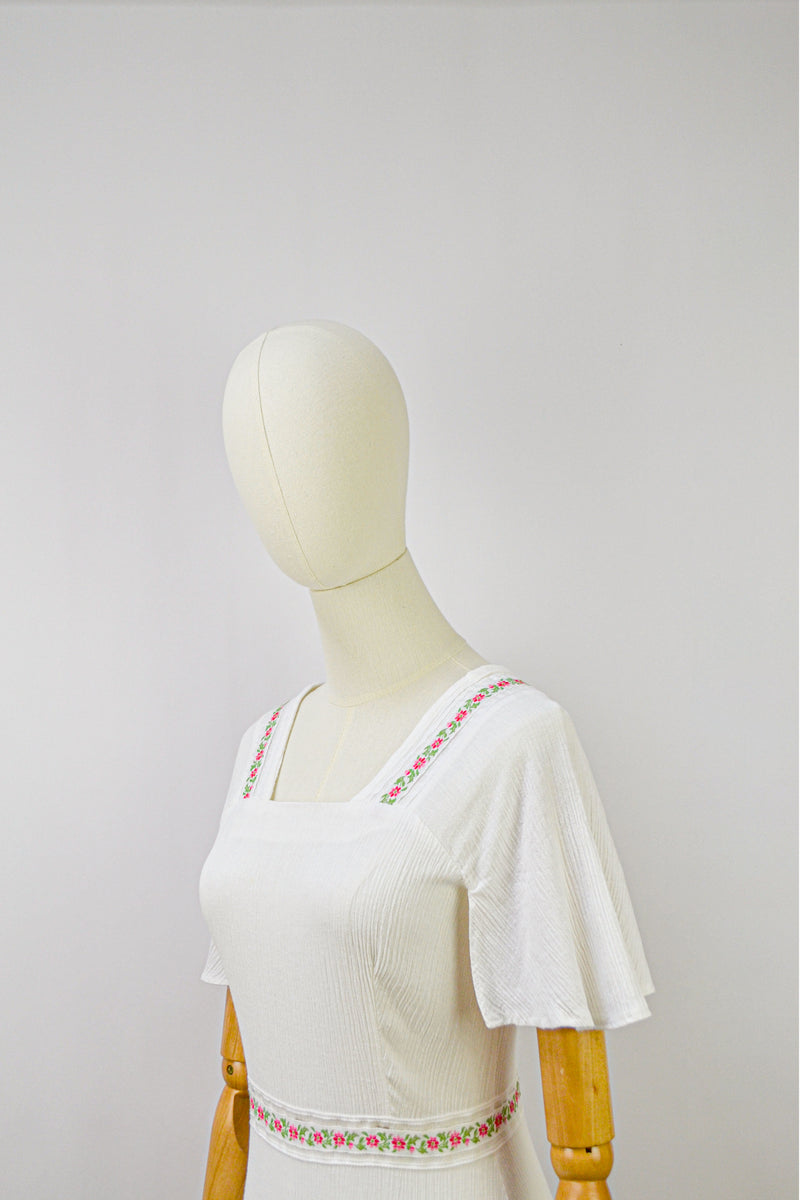 PORCELAIN - 1970s Christine Laure Crinkle Cotton Vintage Dress - Size XS/S