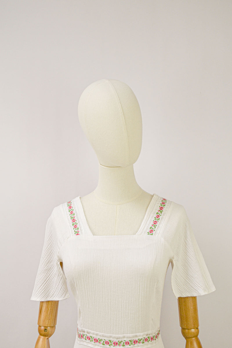 PORCELAIN - 1970s Christine Laure Crinkle Cotton Vintage Dress - Size XS/S
