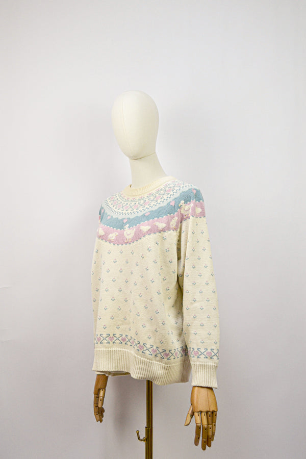 PASTEL POND - 1990s Vintage Eddie Bauer Duck Cotton Jumper - Size S/M