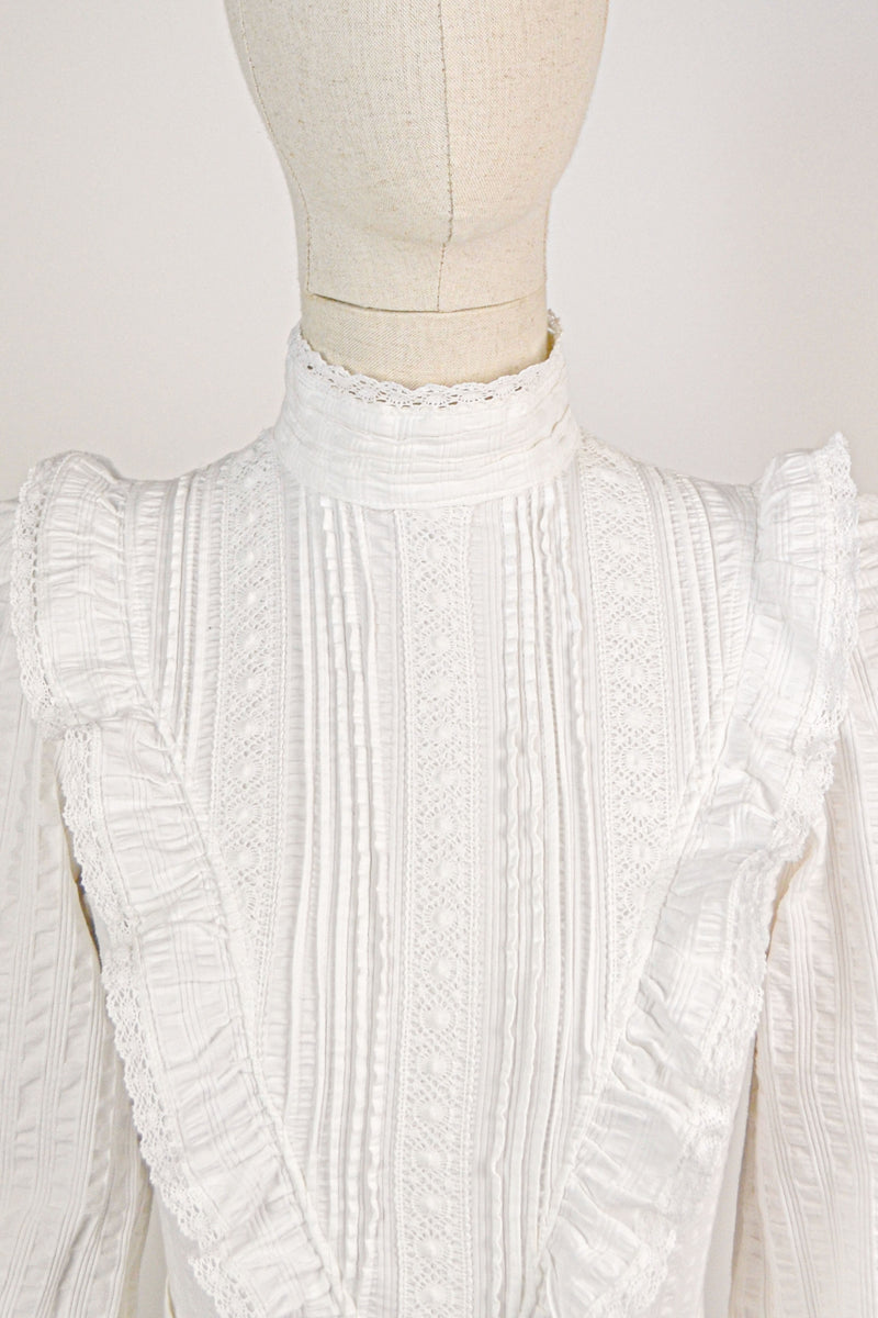 QUEEN ANNE'S LACE - 1970s Vintage Laura Ashley Crisp White Bridal Dress - Size S
