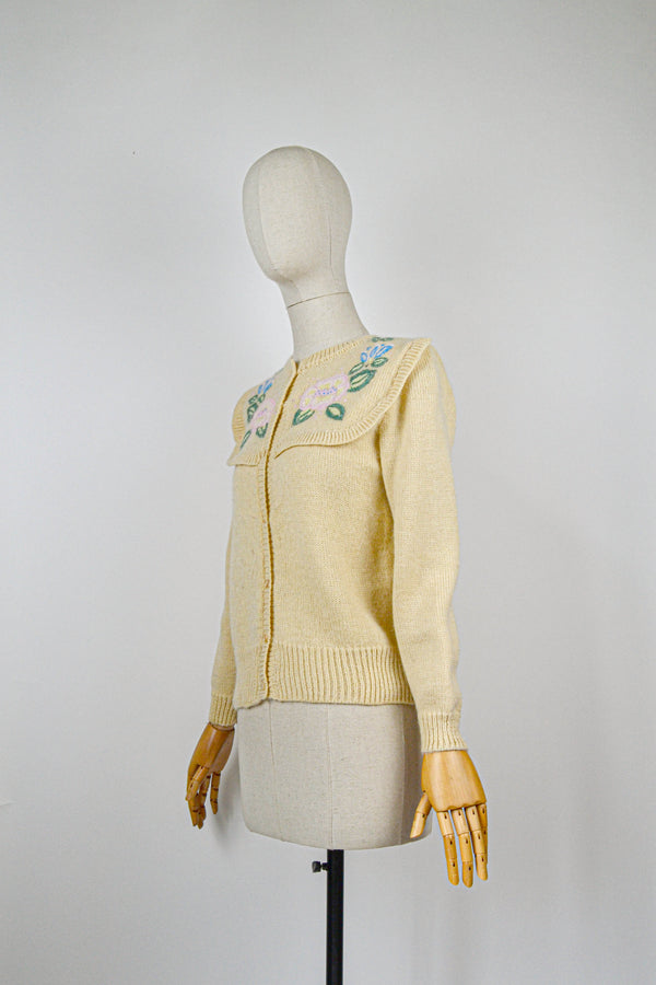 RANUNCULUS - 1980s Vintage Floral Embroidered Cardigan - Size S/M